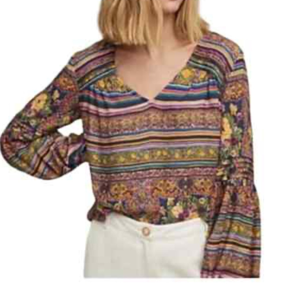 Anthropologie Vibrant Striped Floral Blouse Maeve a small